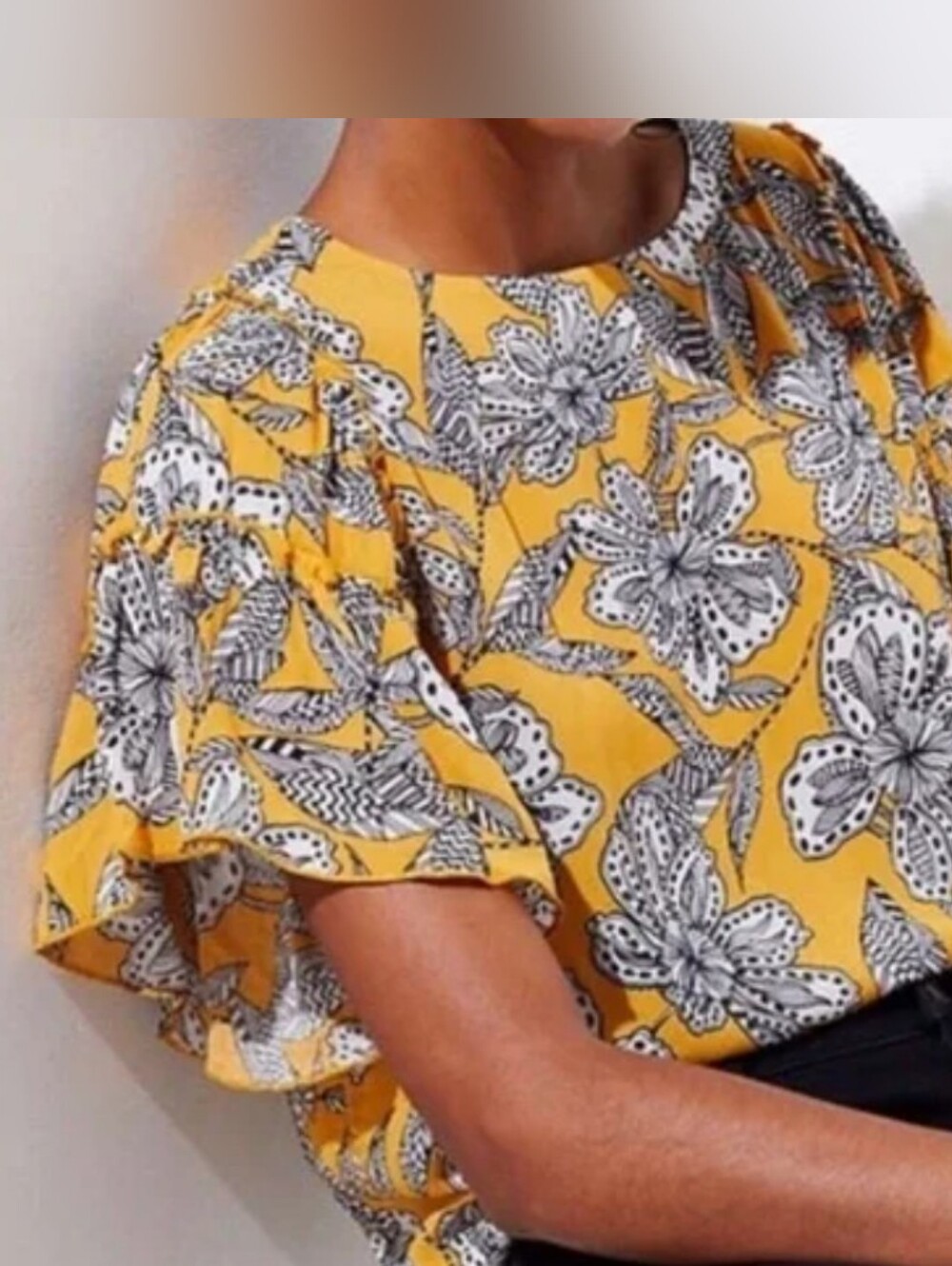 LOFT Yellow Floral Ruffle Sleeve Blouse